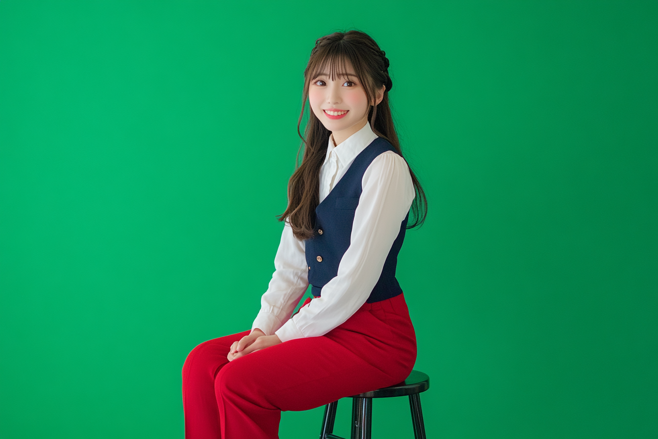 Japanese woman in white blouse, navy vest, red pants.