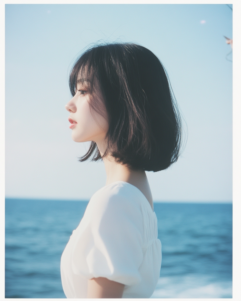 Japanese woman in white dress on beach, posing for photo.