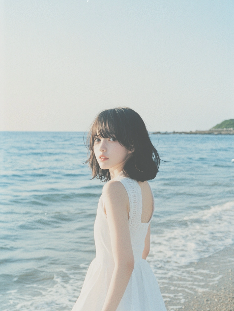 Japanese woman in white dress standing on coast.