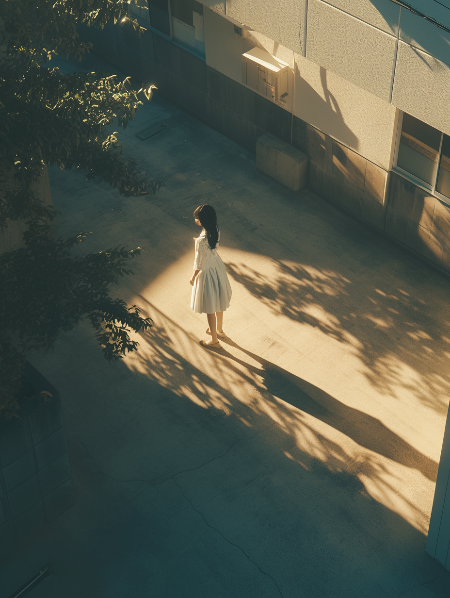 Japanese woman in white dress walks through sunlit alley.