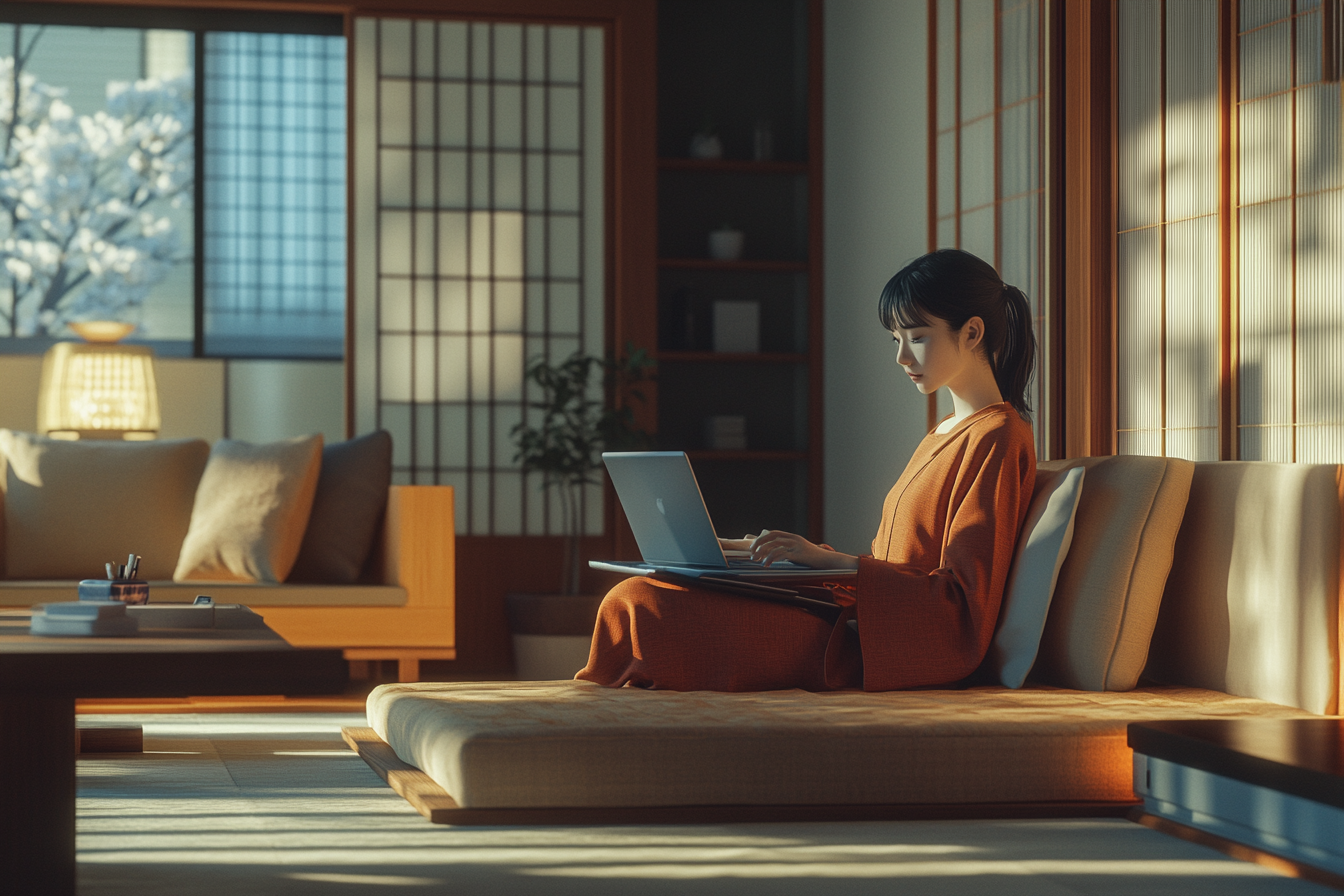 photo of Japanese woman managing finances on laptop in cozy room