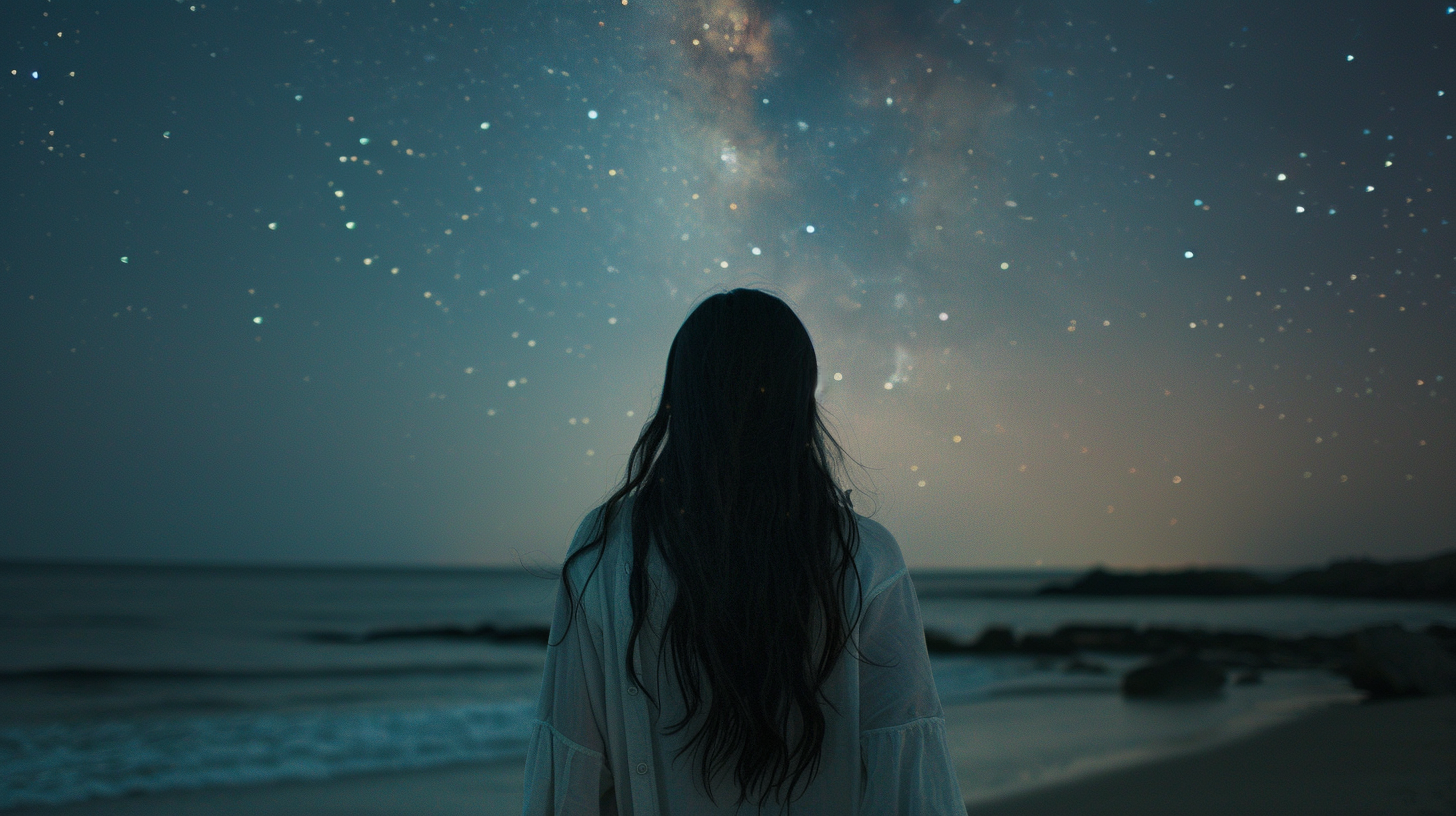 Japanese woman with long black hair standing on beach at night.