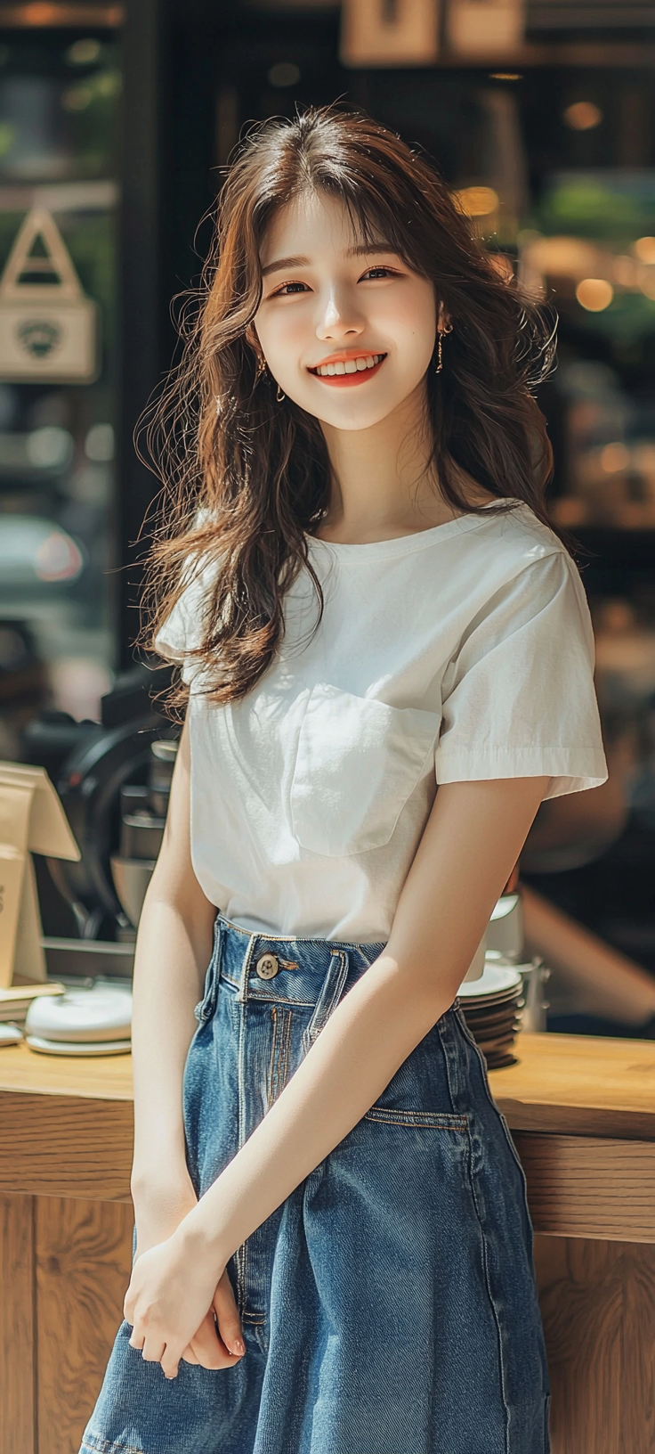 Japanese woman with neat hair, smiling at Starbucks.