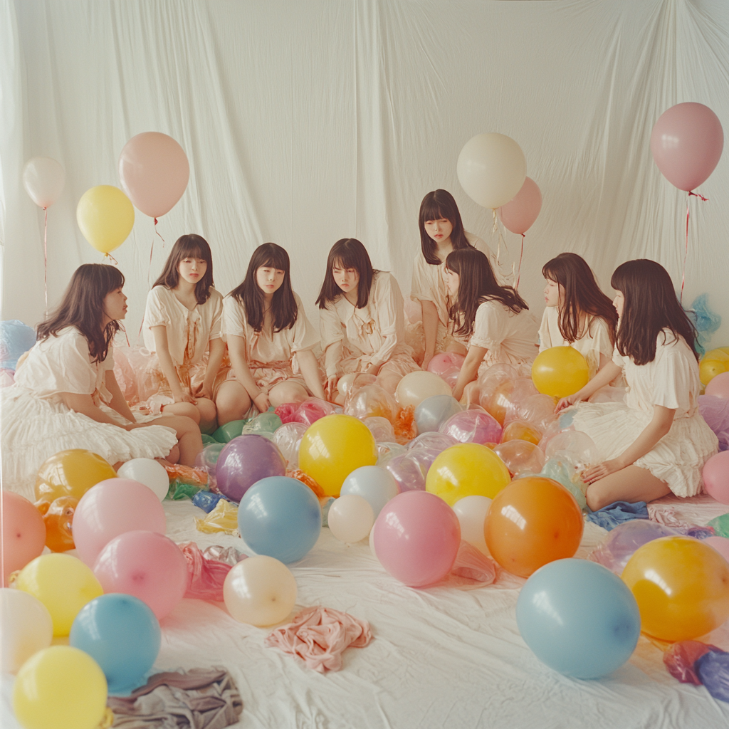 Japanese women in white room with balloons and clothes.