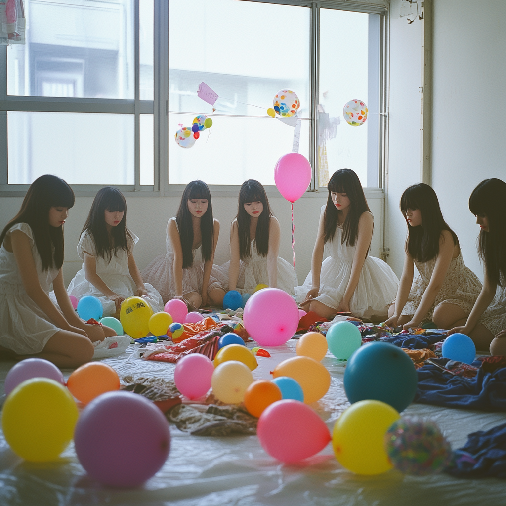 Japanese women with balloons in colorful room.