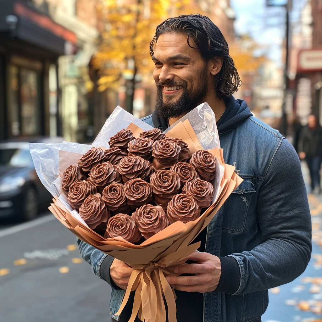 Jason Momoa holding bouquet of chocolate roses, smiling happily.