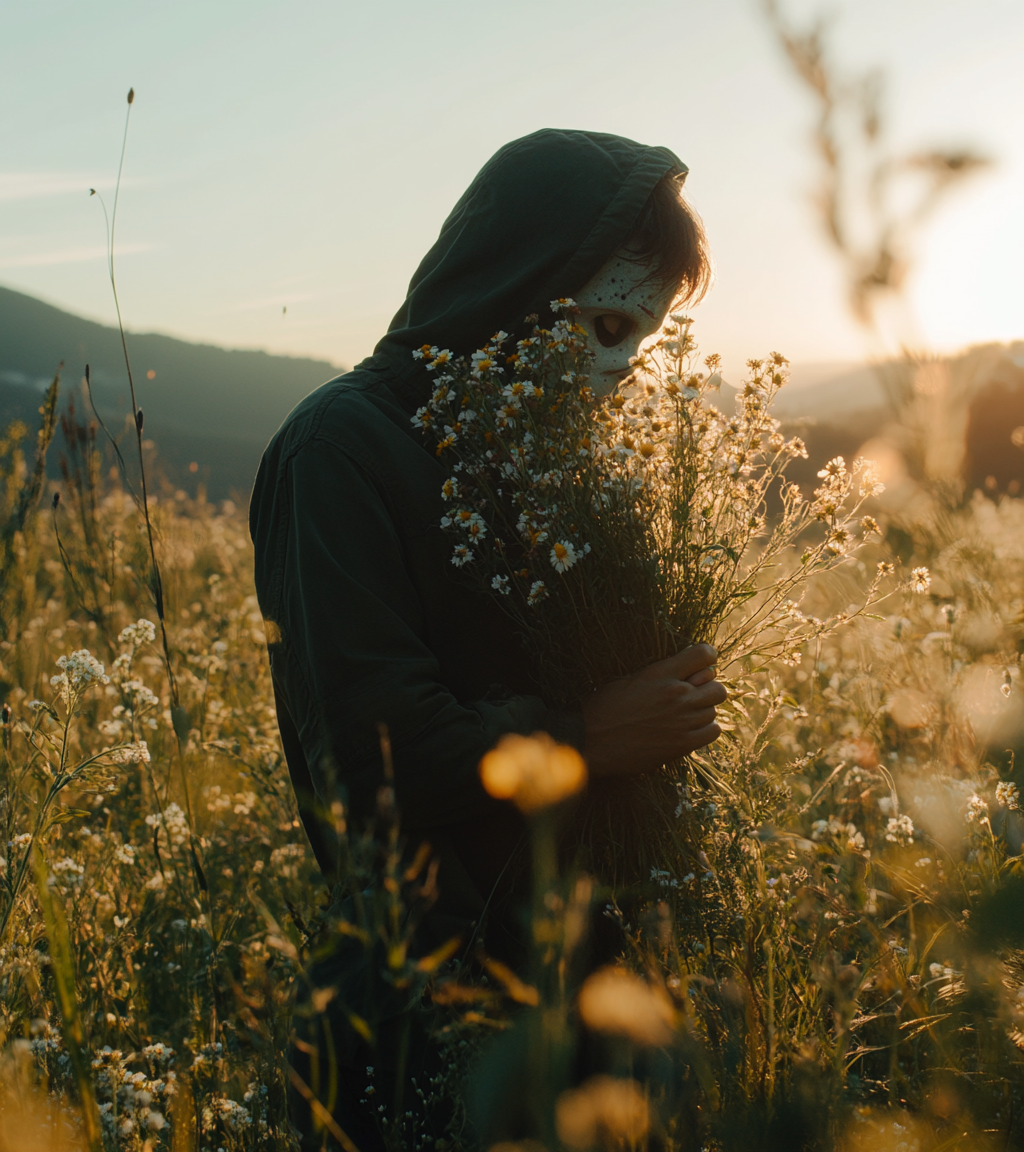 Jason Vorhees poses with bouquet in golden hour.