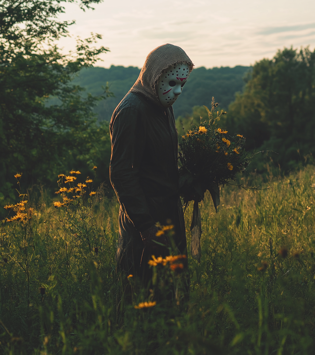 Jason holds wildflowers on hillside in golden hour.