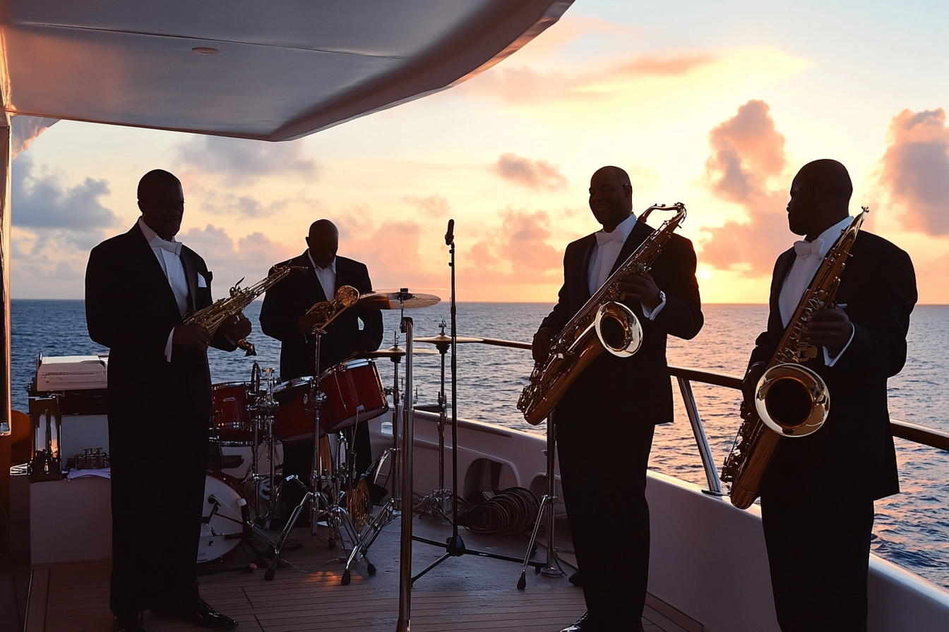 Jazz band on yacht with guests, ocean sunset glow.