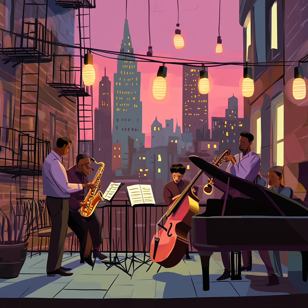 Jazz musicians play on city rooftop at night.