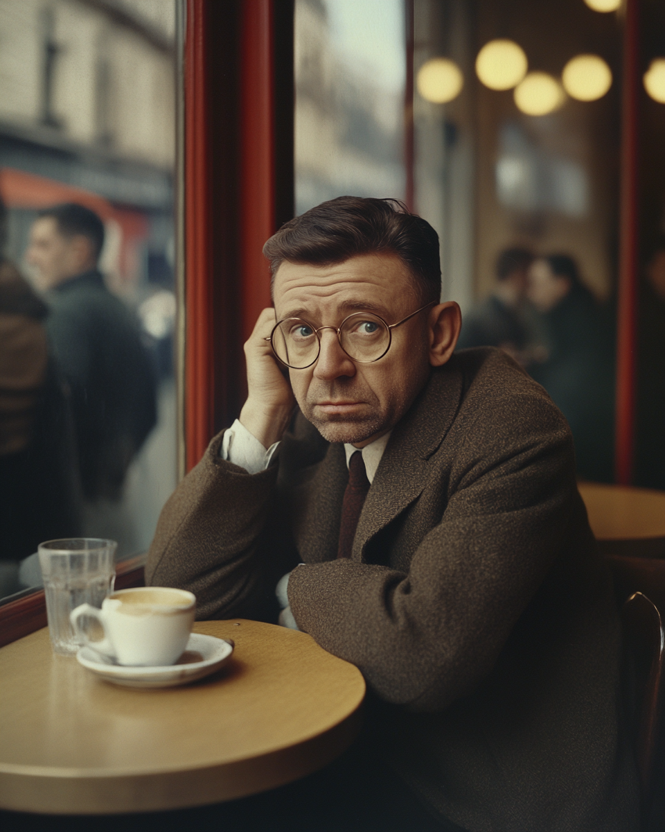 Jean-Paul Sartre contemplating in Parisian café in 1950s.