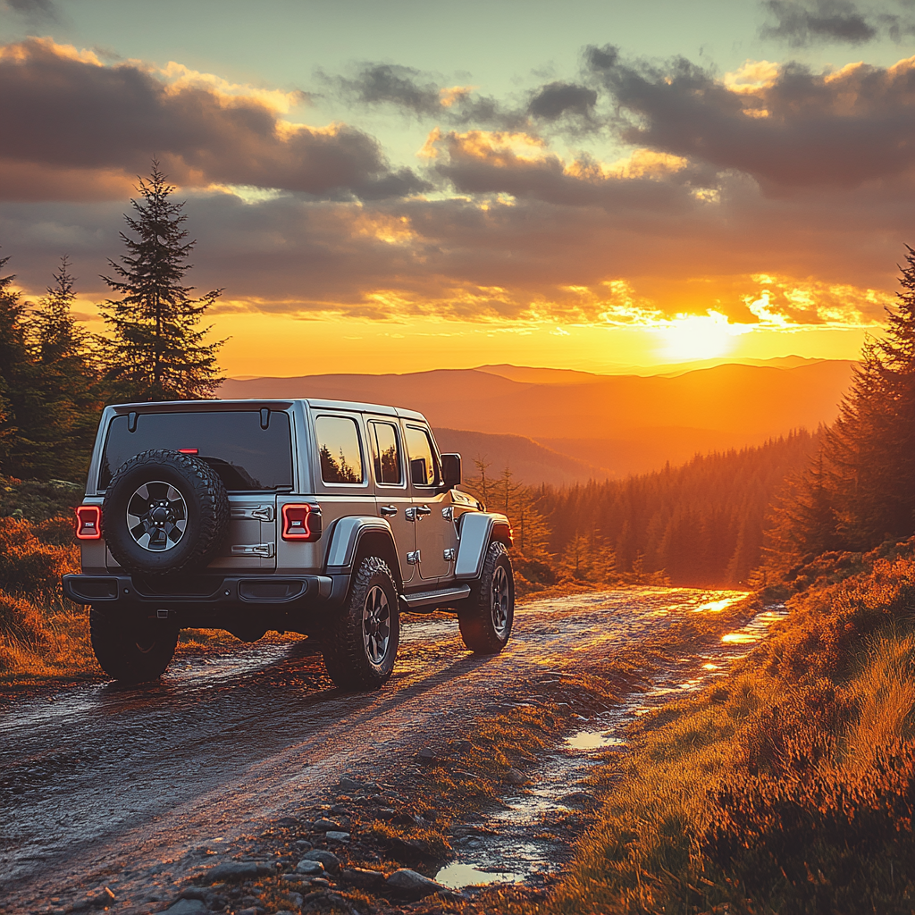 Jeep Wrangler driving into beautiful sunset