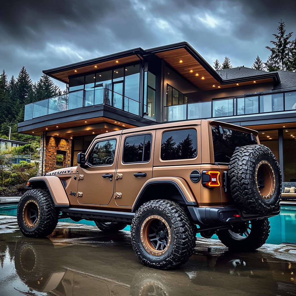 Jeep Wrangler parked in front of mansion in Seattle.