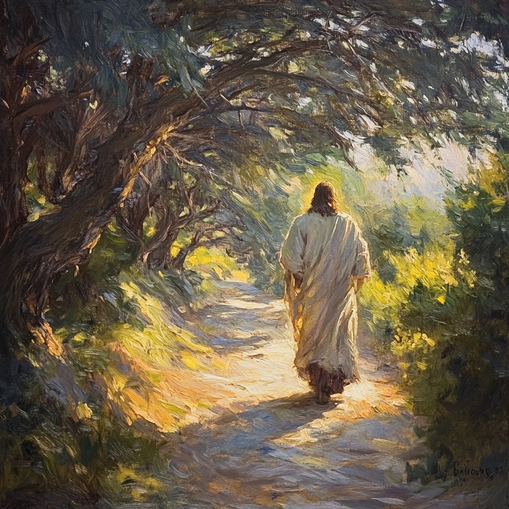 Jesus Christ's light shines on bowing trees.