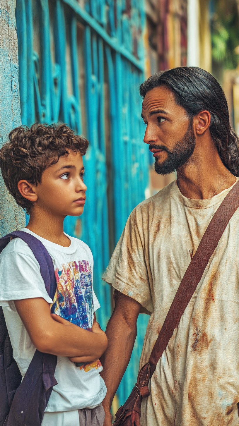 Jesus Christ Watching Latin American Boy Returning Home