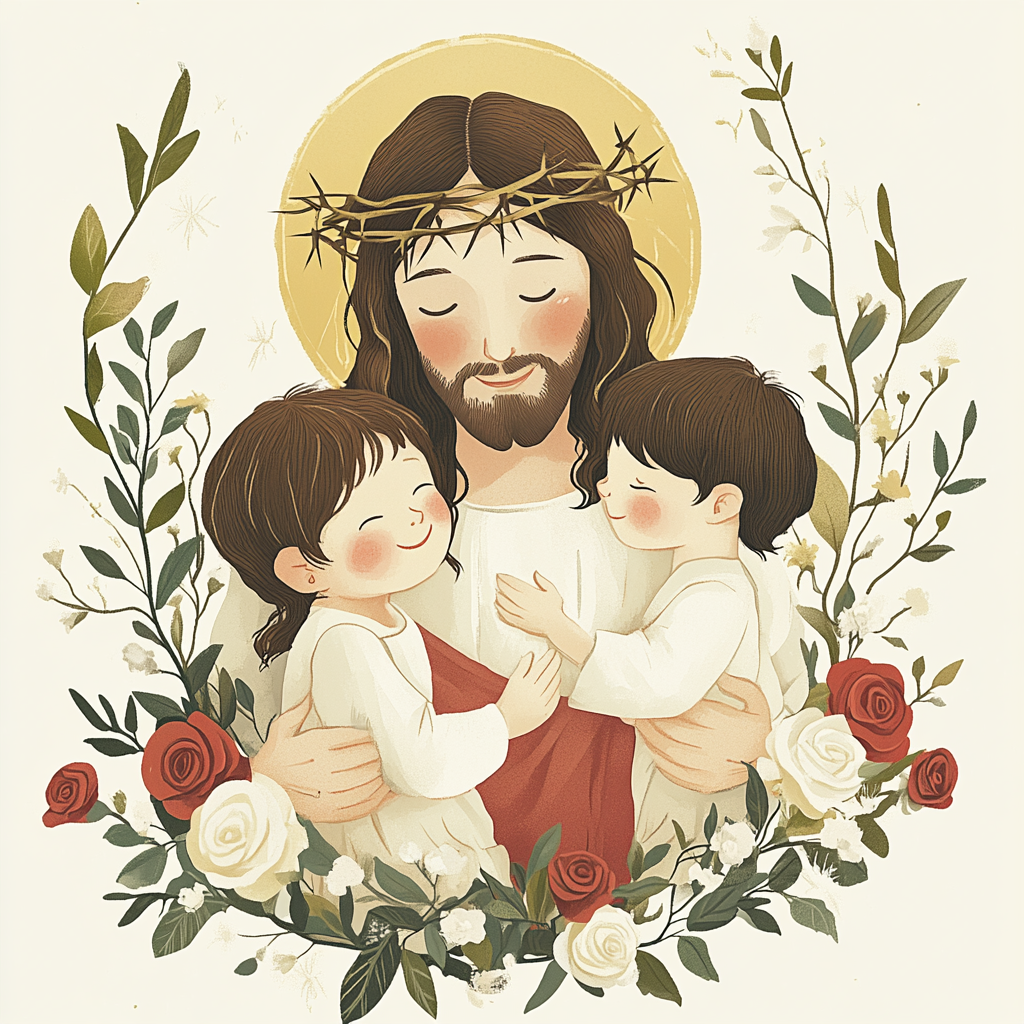 Jesus Holding Children in Floral Surrounding