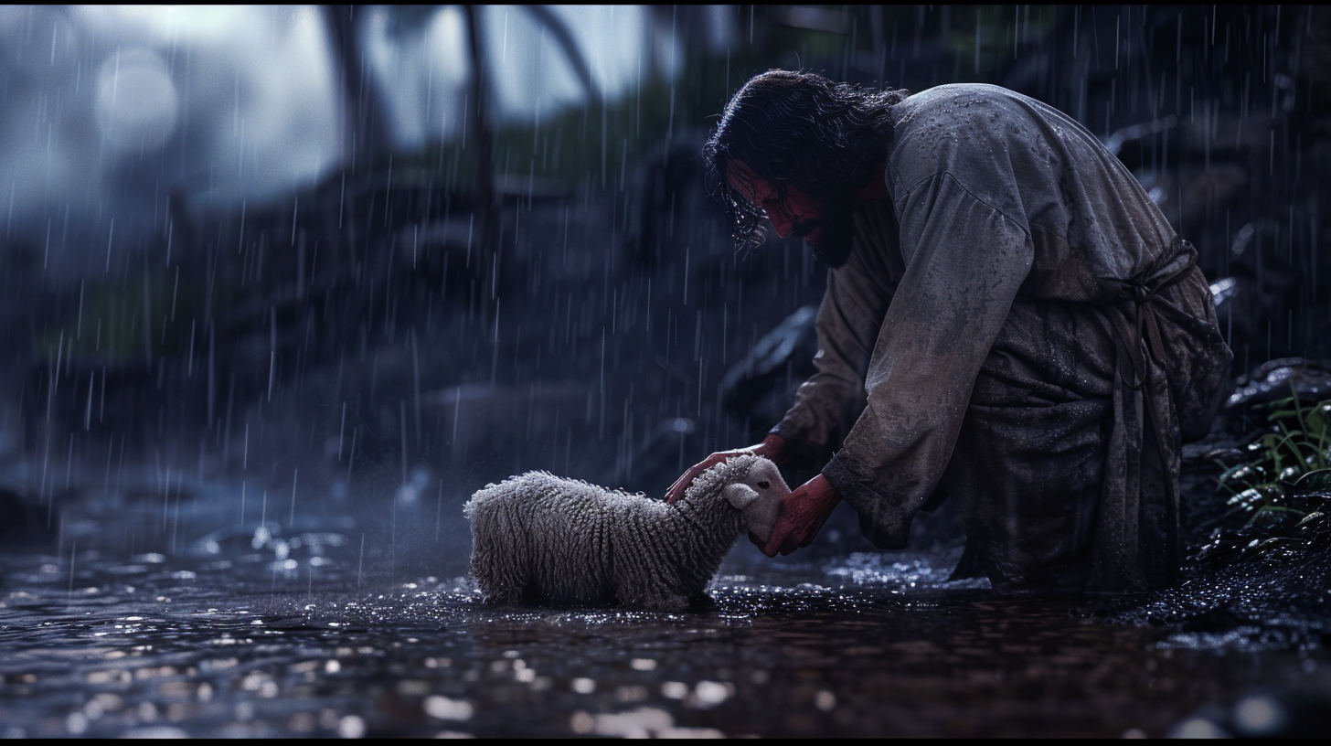 Jesus Saves Lost Lamb in Mud Storm, Detailed Art