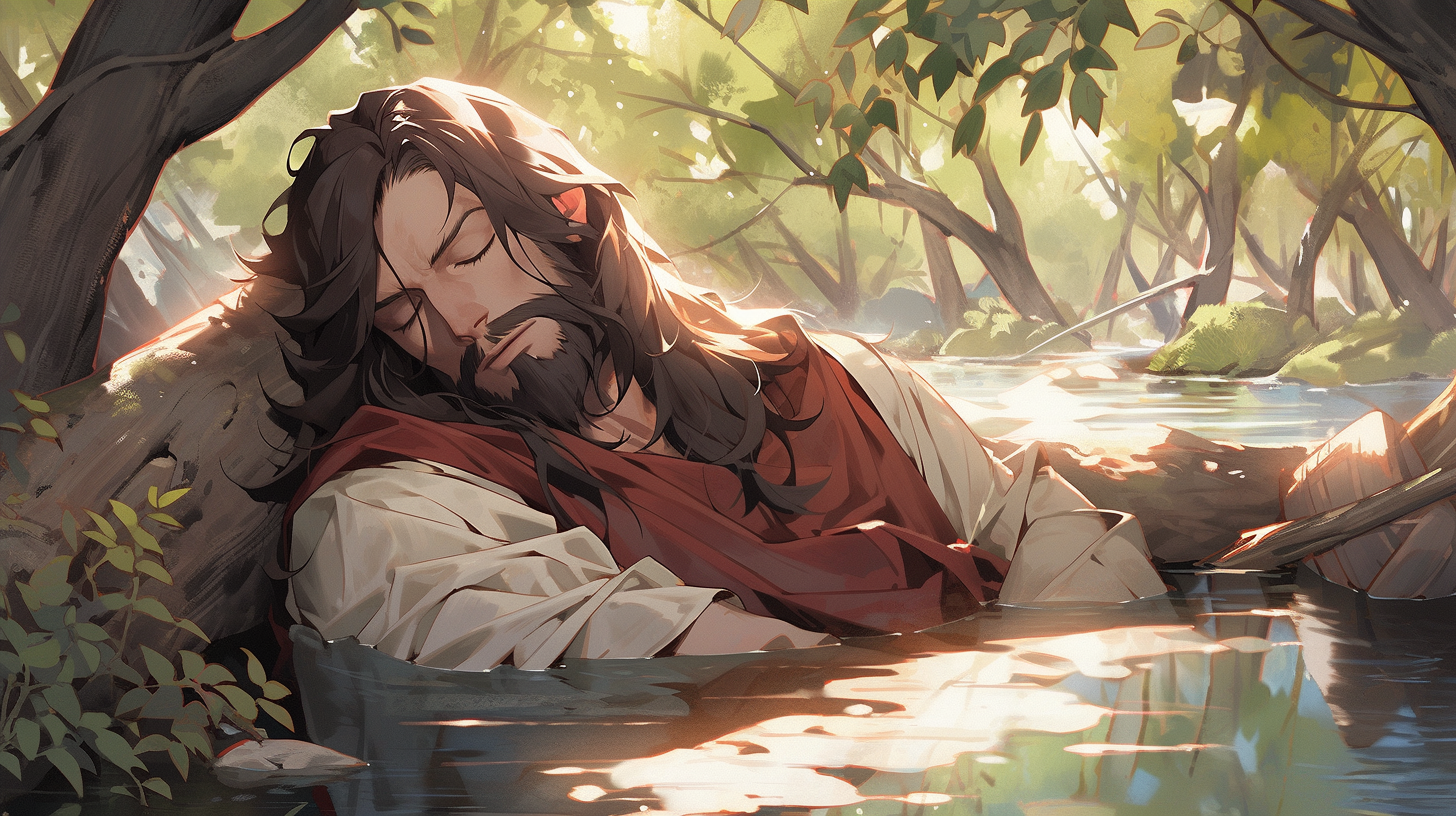 Jesus Sleeping by the River in Bright Colors.