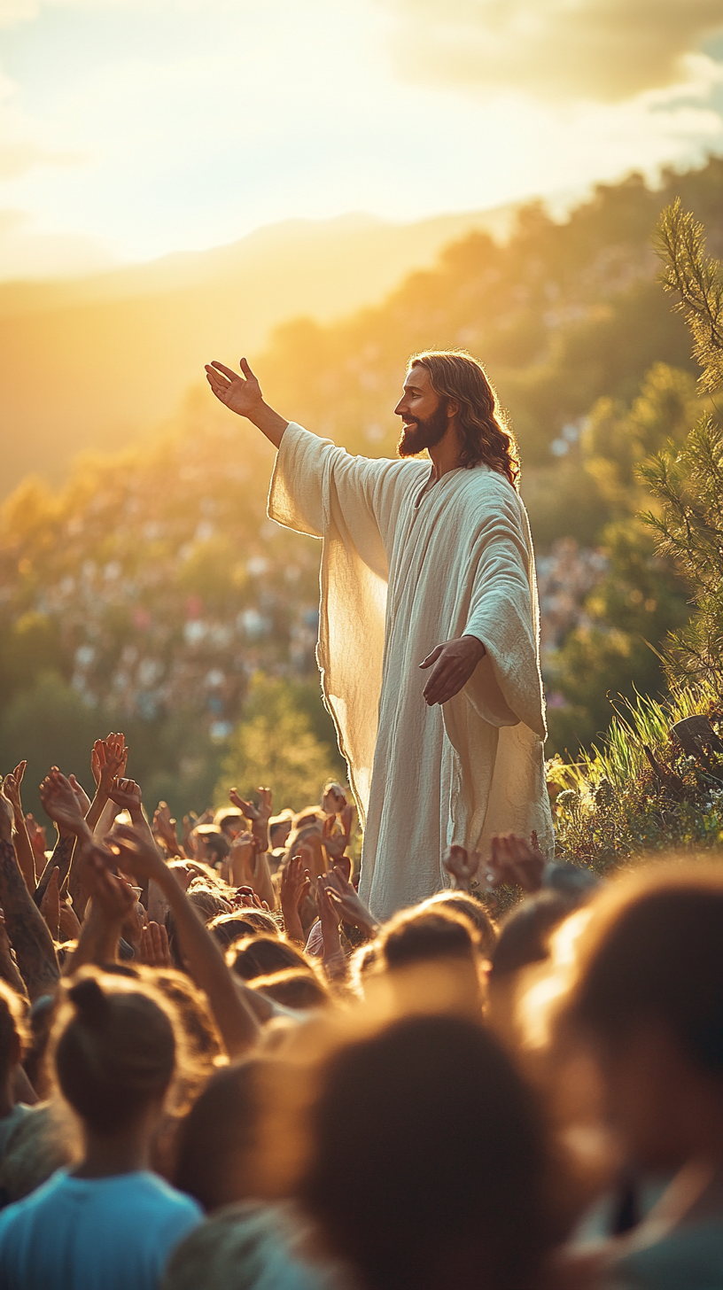 Jesus blessing a crowd at golden hour in cinema.