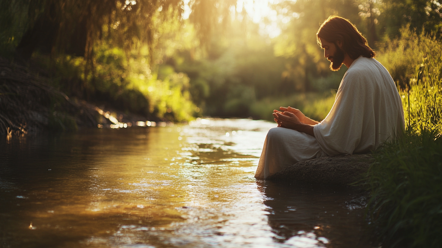 Jesus by calm river shows inner peace.