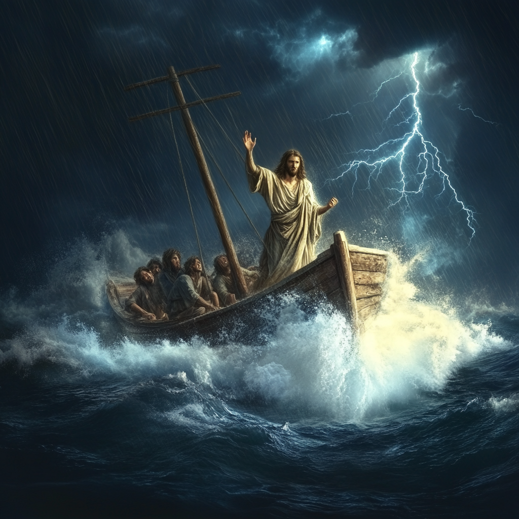 Jesus calms disciples' fears during storm at sea.