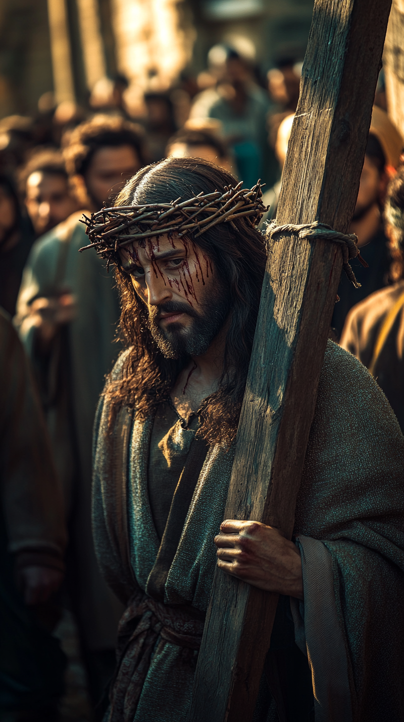 Jesus carrying cross in detailed HDR aerial view.