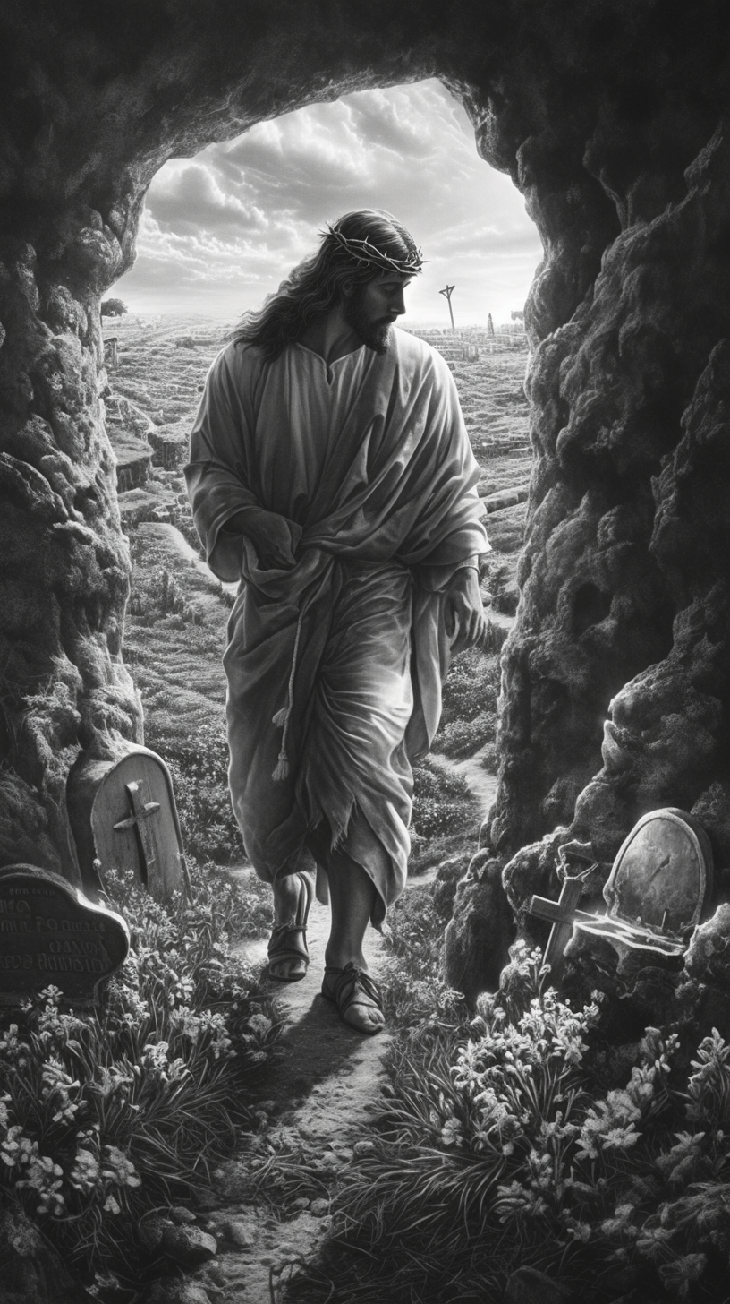 Jesus emerging from cave in detailed, high contrast painting.