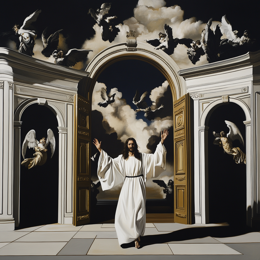 Jesus in White Robes at Heaven's Golden Gates