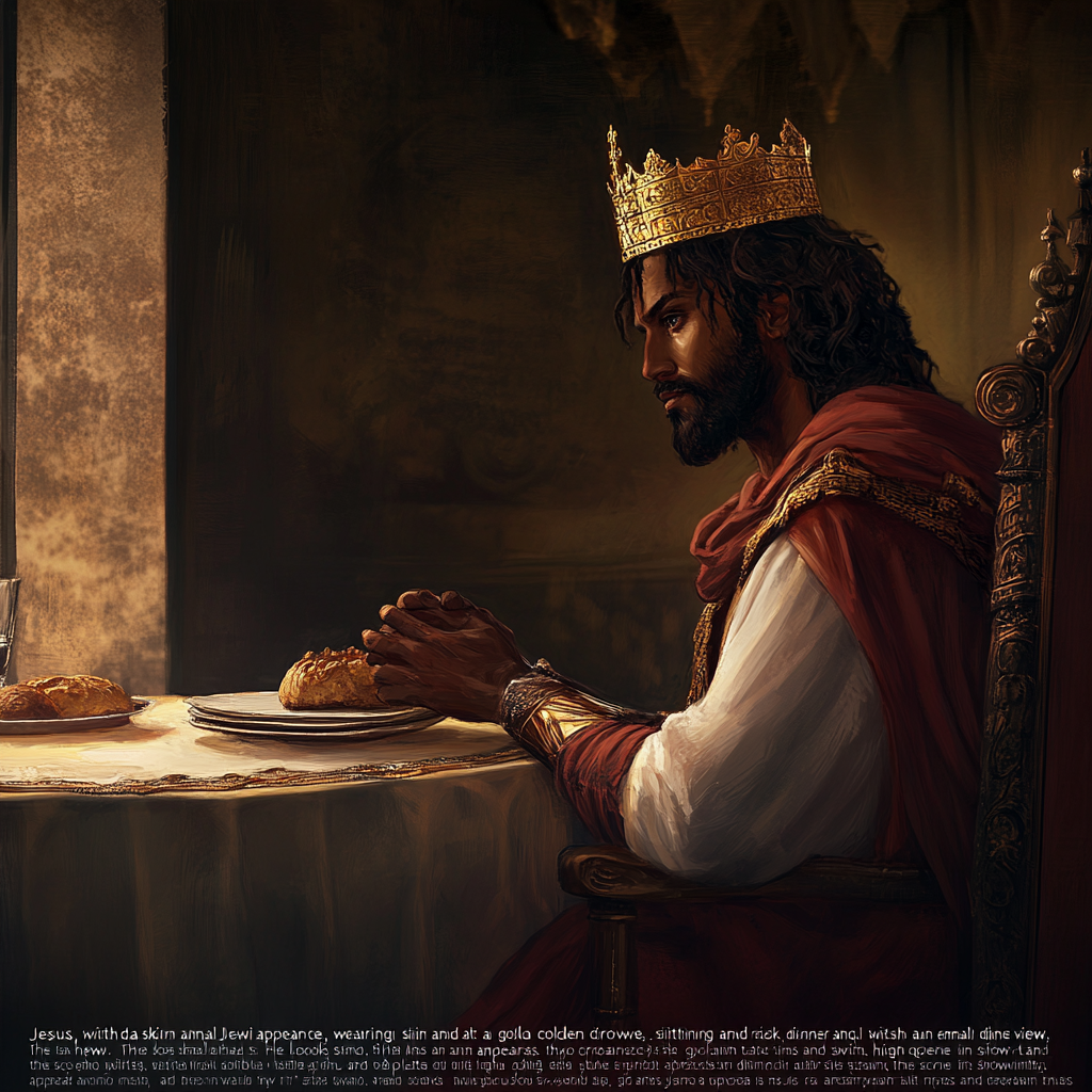 Jesus in golden crown at dinner table