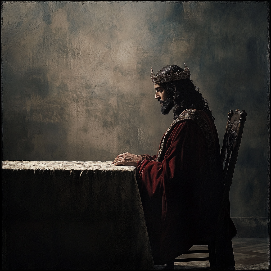 Jesus in red cape waits at table