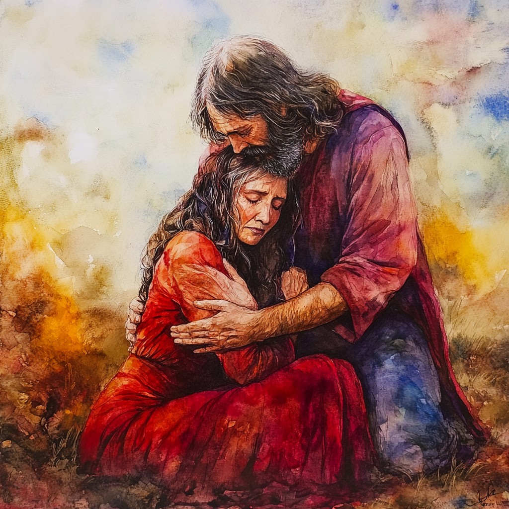 Jesus showing compassion hugging older woman, watercolor painting.