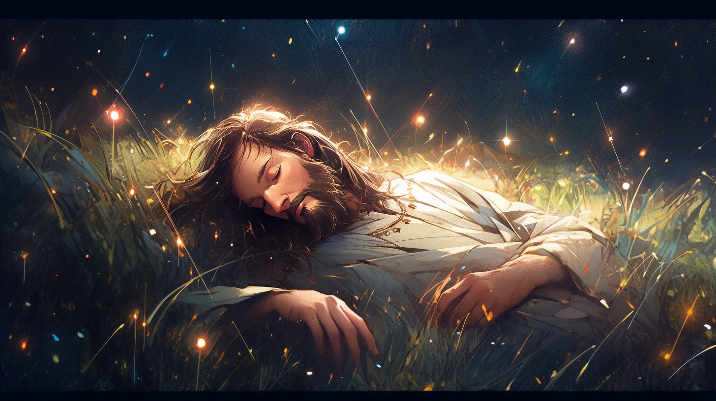 Jesus sleeping on grass field under stars.