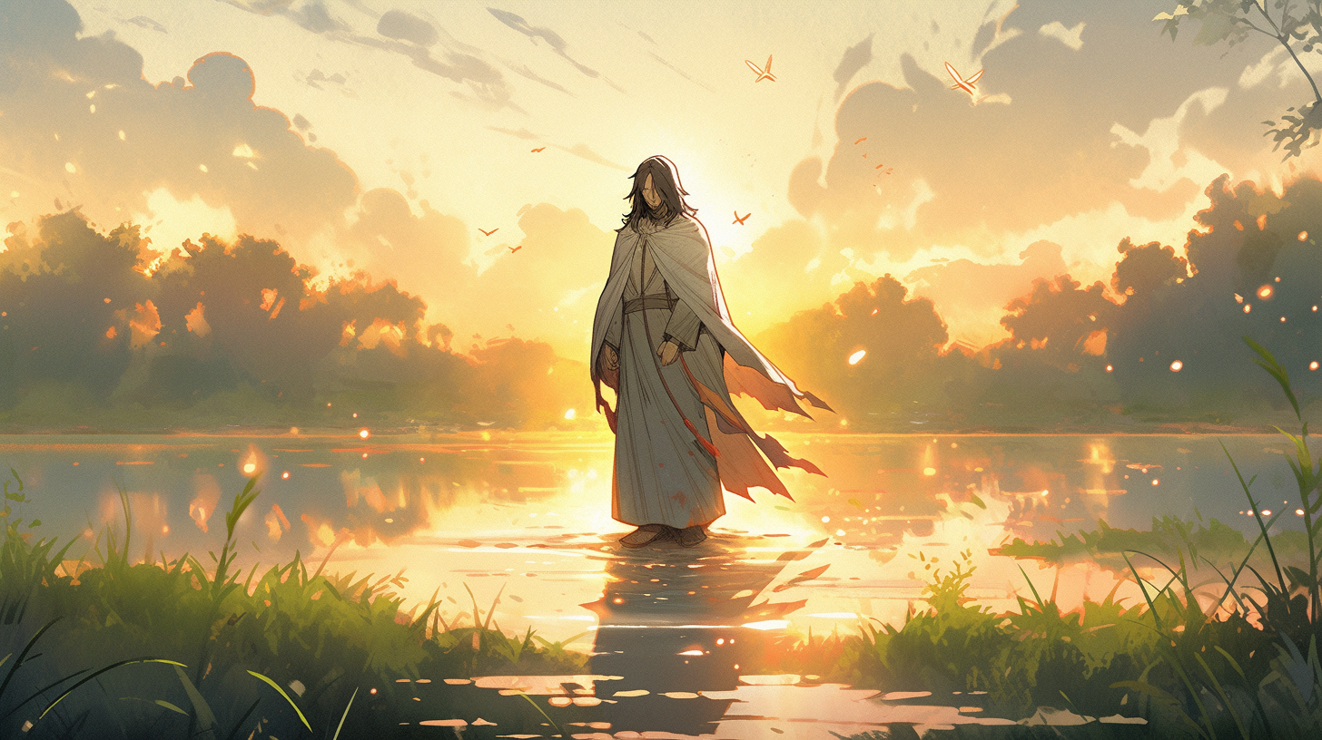 Jesus standing by water on sunny grass field.