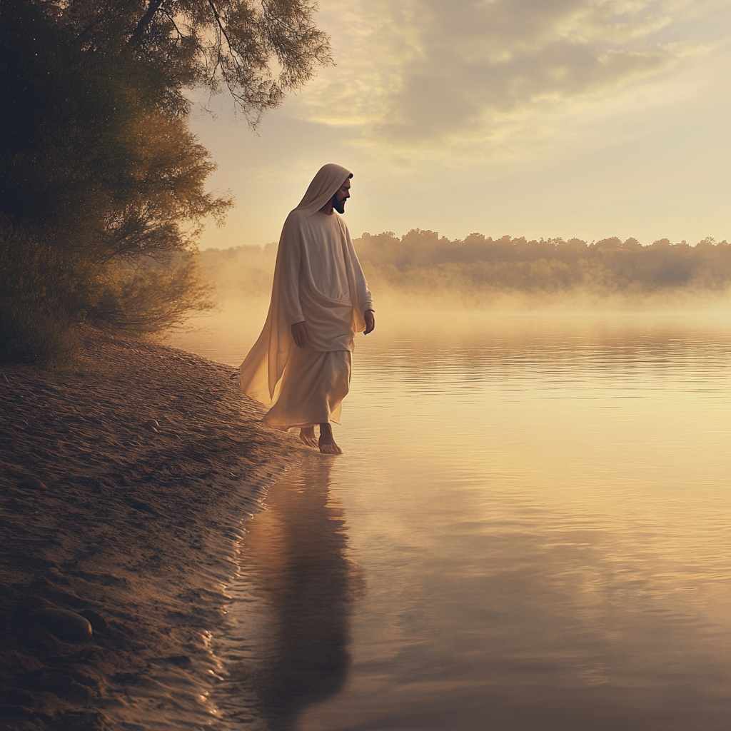 Jesus walking on shore at sunrise, serene and calm.