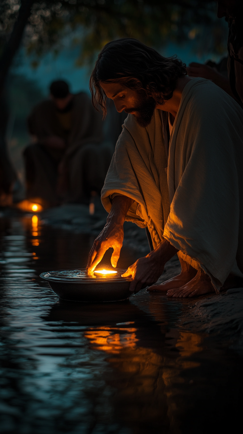 Jesus washing disciples' feet in glowing, detailed golden hour image.