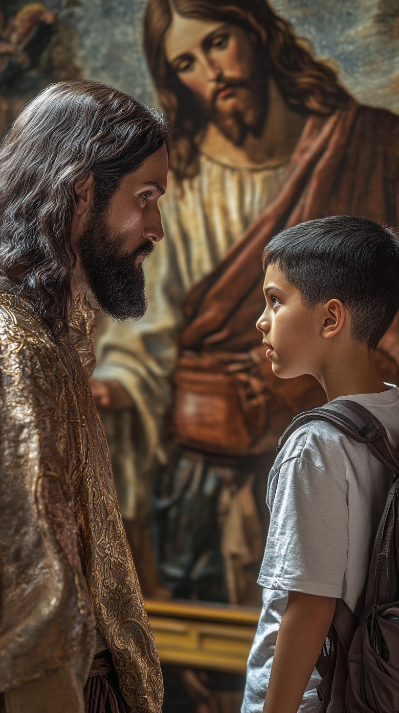 Jesus watches Latin American boy returning from college.