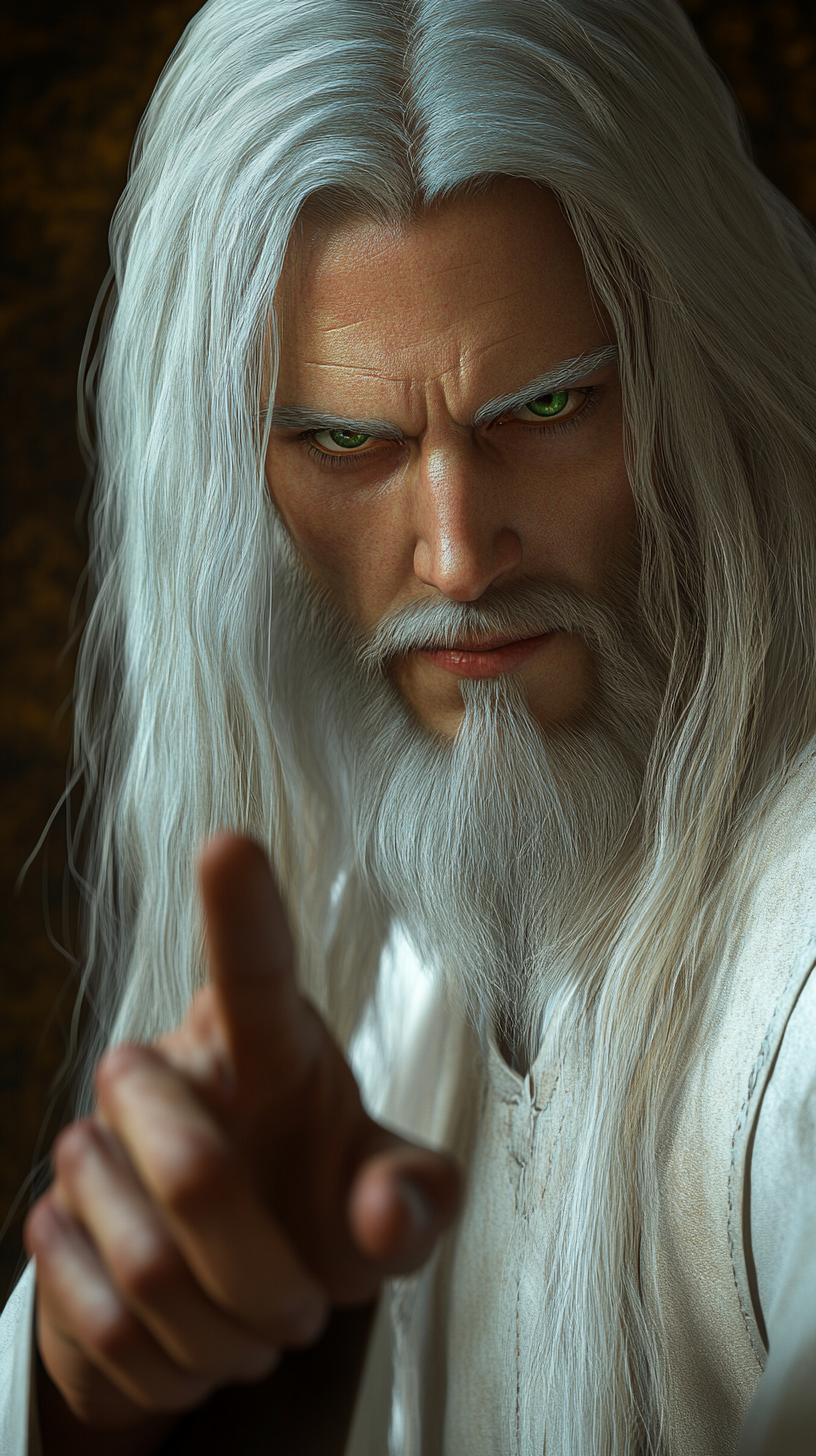 Jesus with white hair, green eyes, pointing at camera