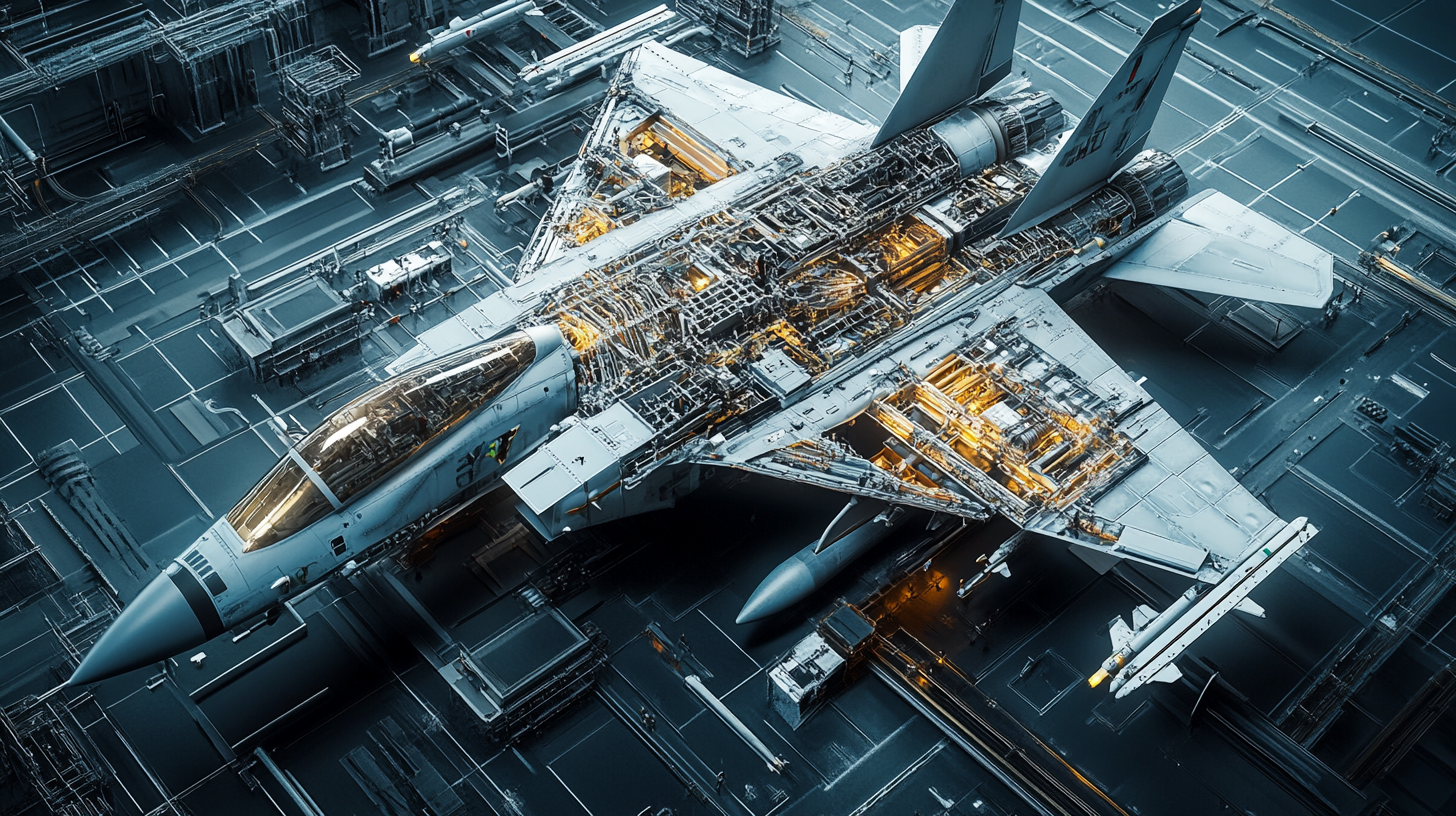 Jet fighter composition diagram with detailed high-tech technology.