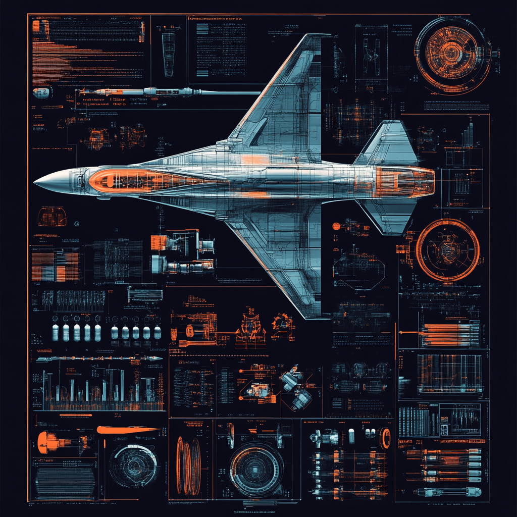 Jet fighter plane manufacturing process in sci-fi colors.