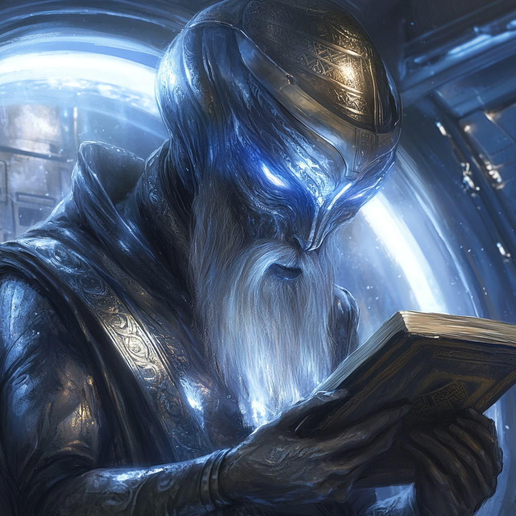 Jewish space alien holding Talmud inside spaceship, watching you.