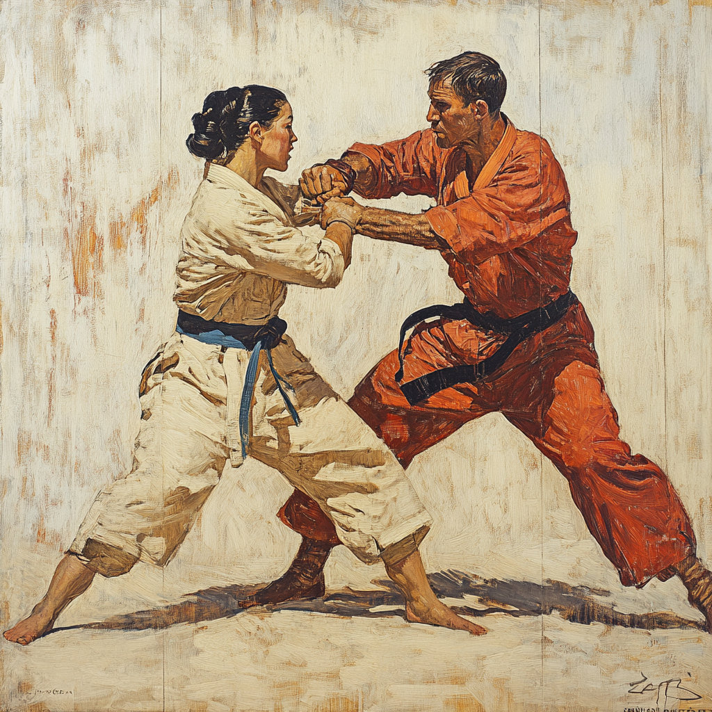 Jiujitsu Sparring: Man and Woman Wrestling, Norman Rockwell Style 