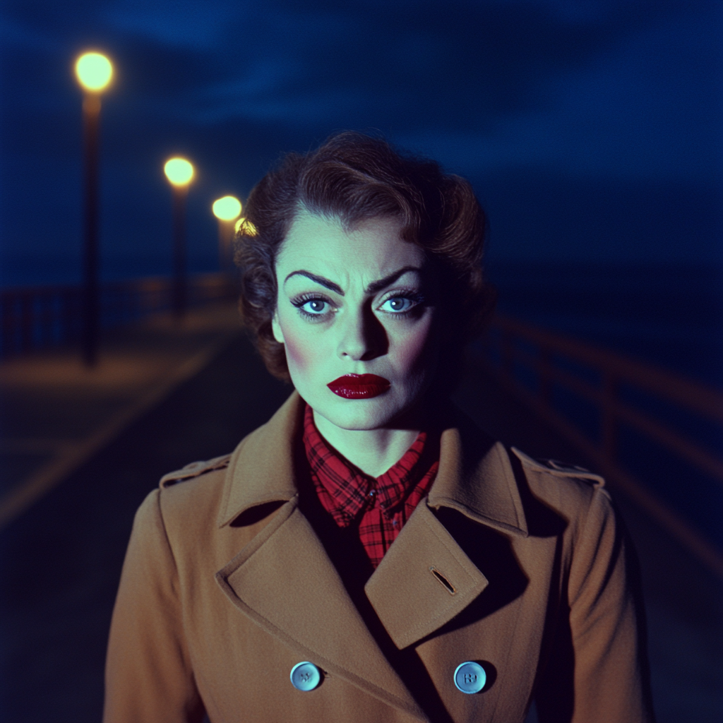 Joan Crawford in a trench coat at pier at night