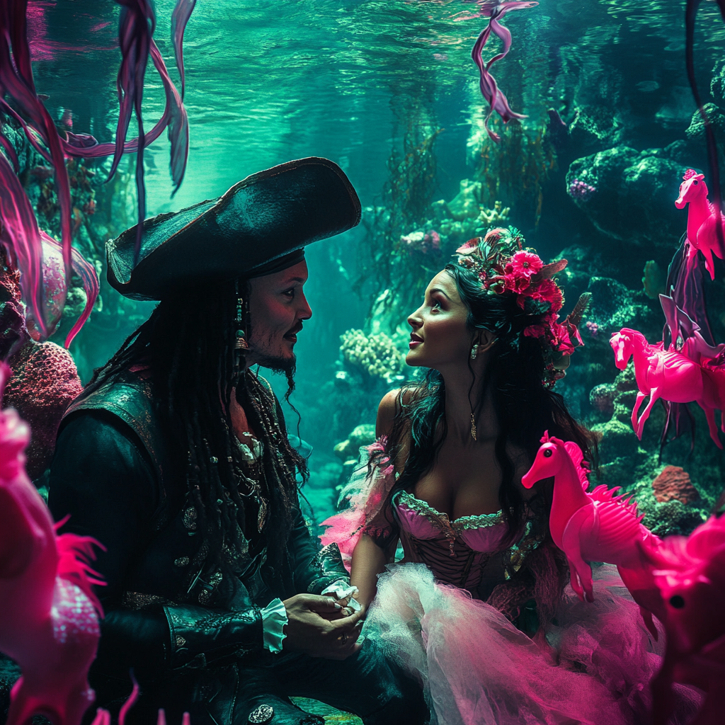 Johnny Depp as pirate talking to mermaid queen