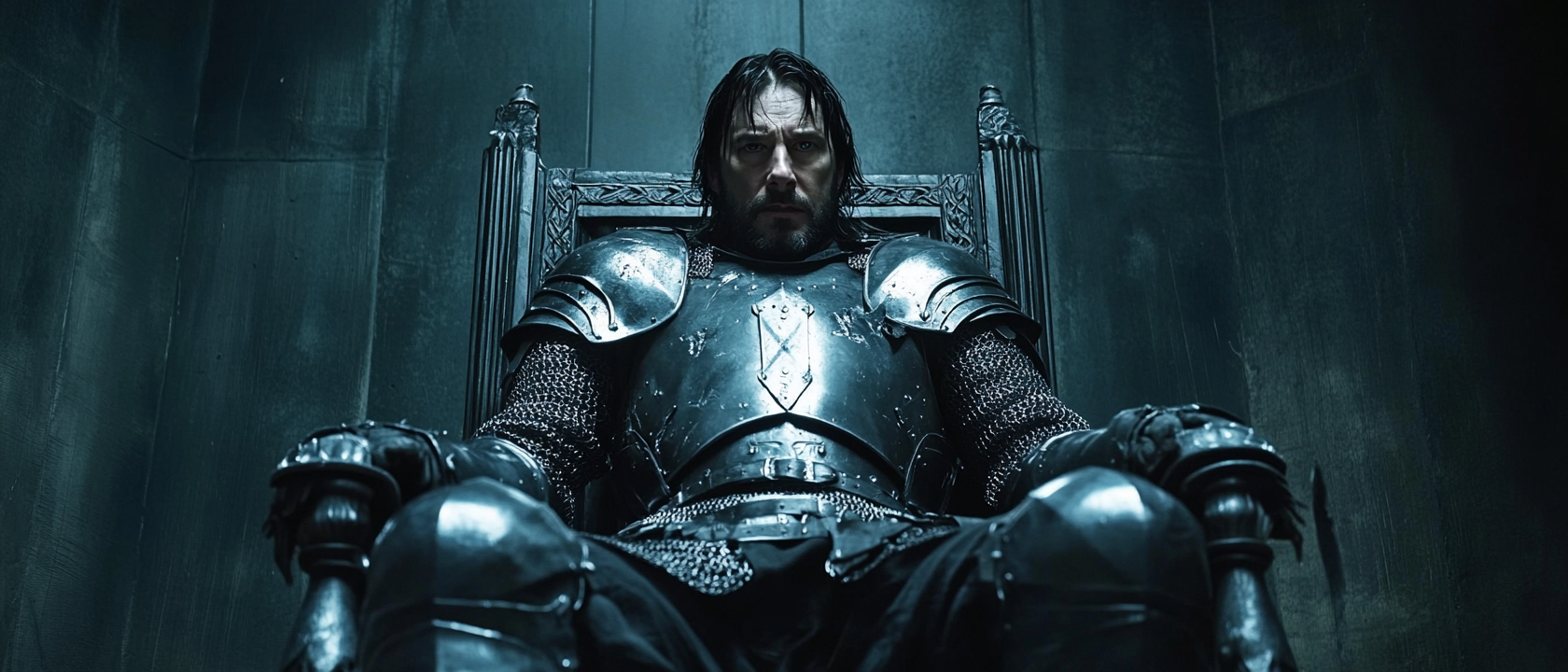 Johnwick in Medieval Armor on Throne Looking Down