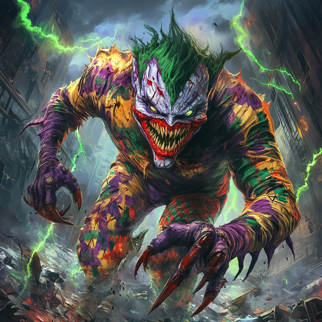 Joker-Godzilla fusion in chaotic Gotham City scene. Nightmarish!