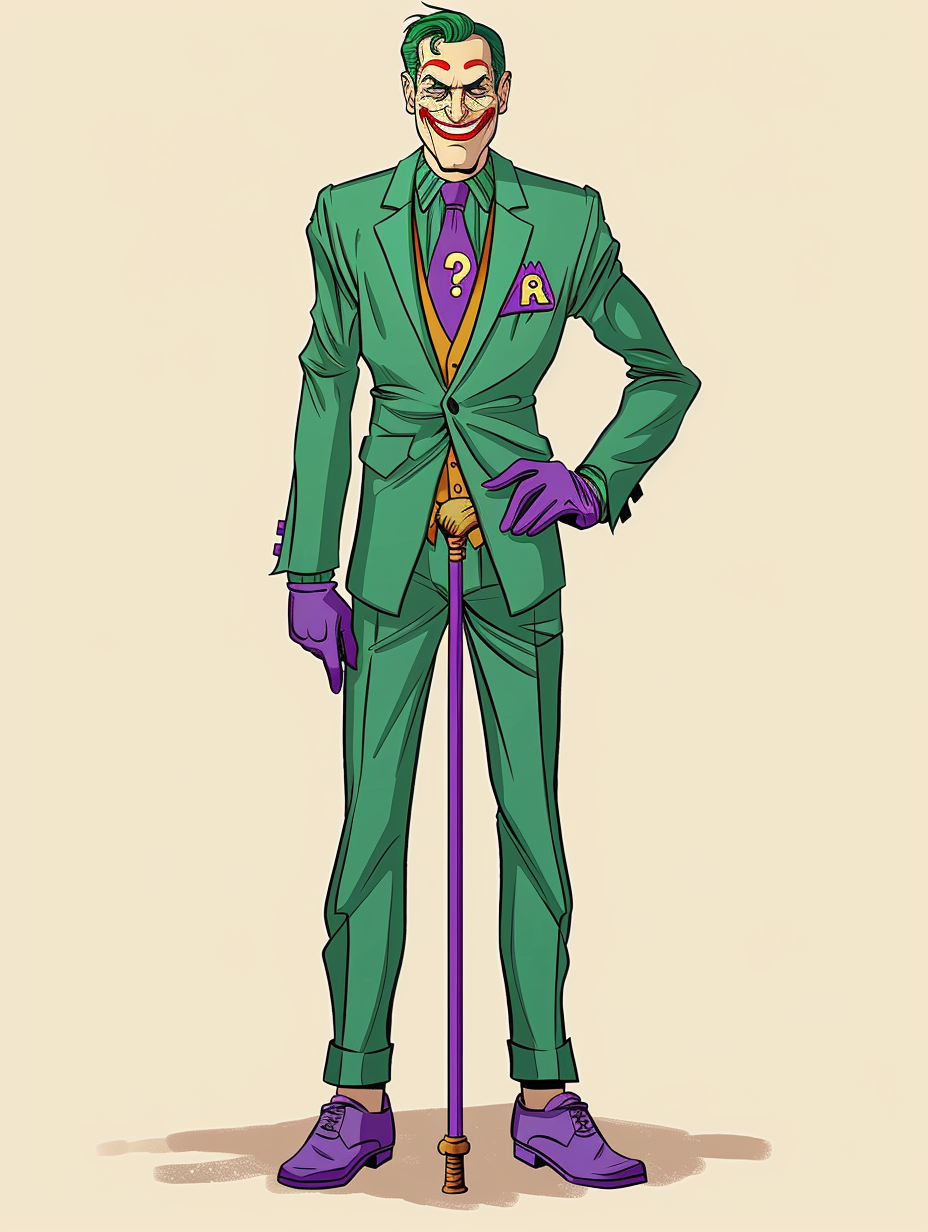 Joker from Batman wearing purple suit and cane.