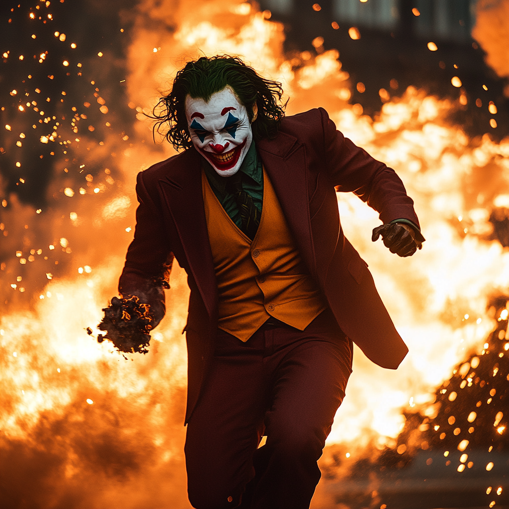 Joker holds grenade in explosive action scene.