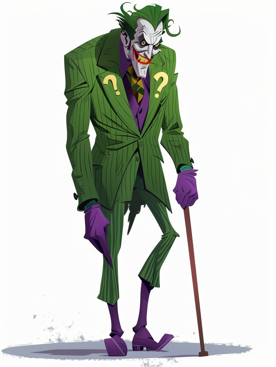 Joker in green suit, purple tie, purple accessories.