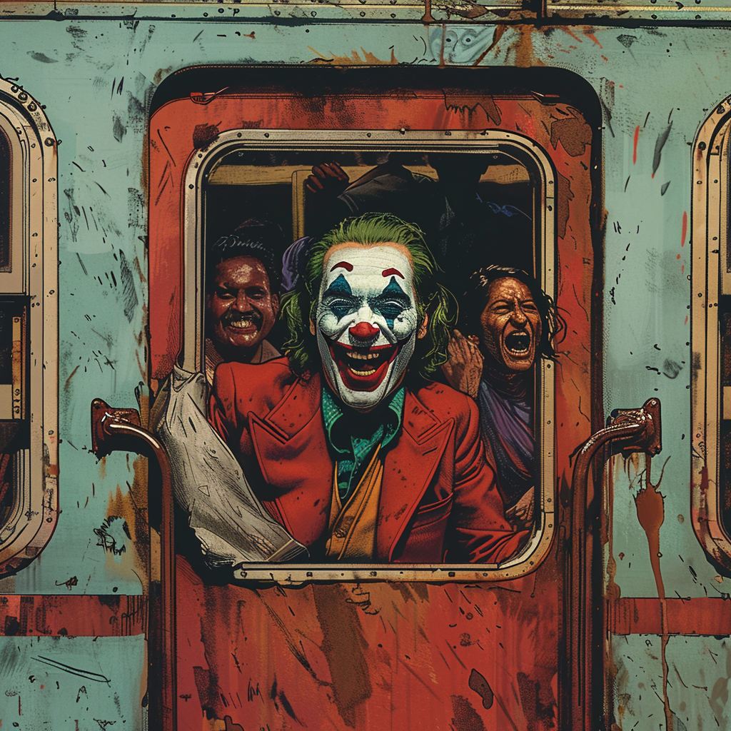 Joker laughs at Indian commuters on crowded train.