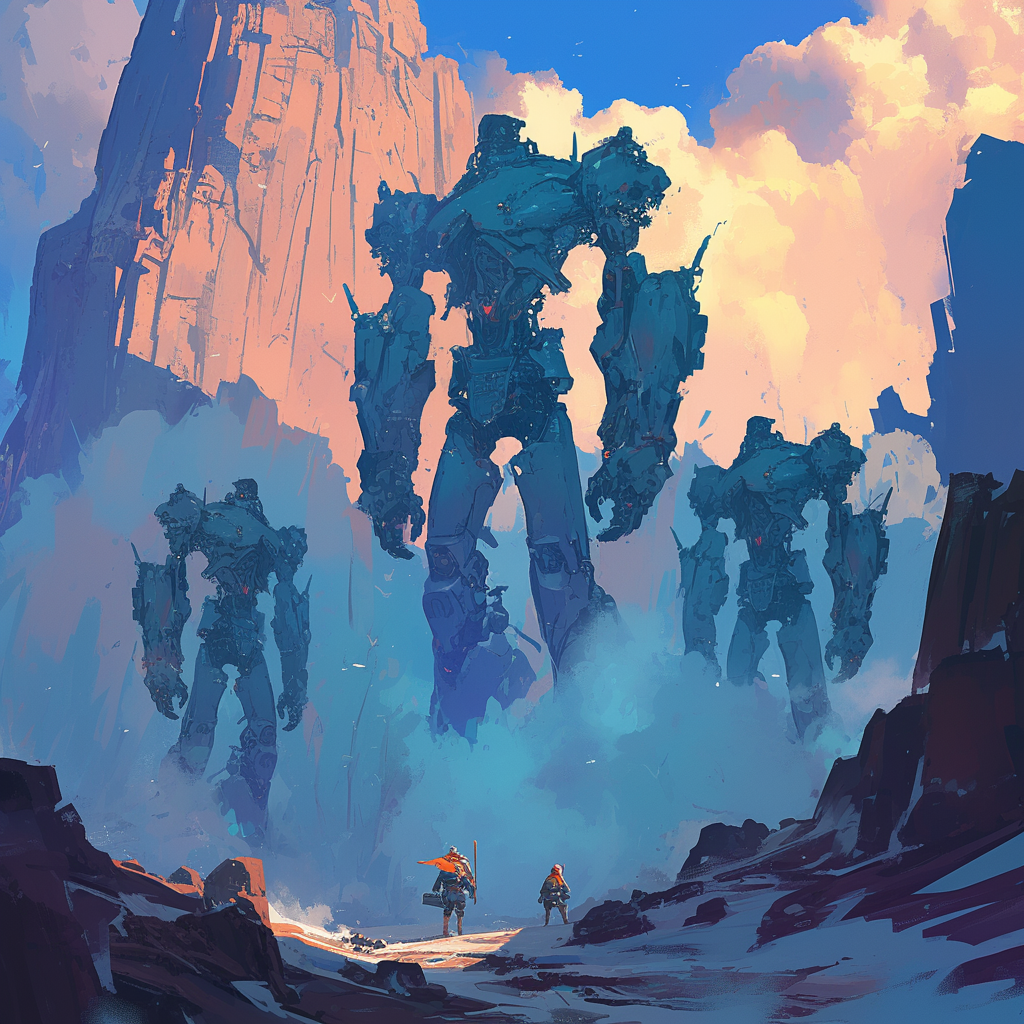 Journey towards mountain blocked by three colossal robots.